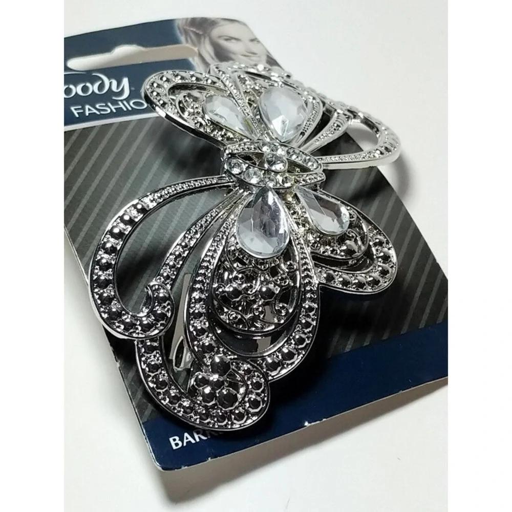 Goody Hair Barrette Fashionow Metal Butterfly Clip Faux Diamonds Gems Silver